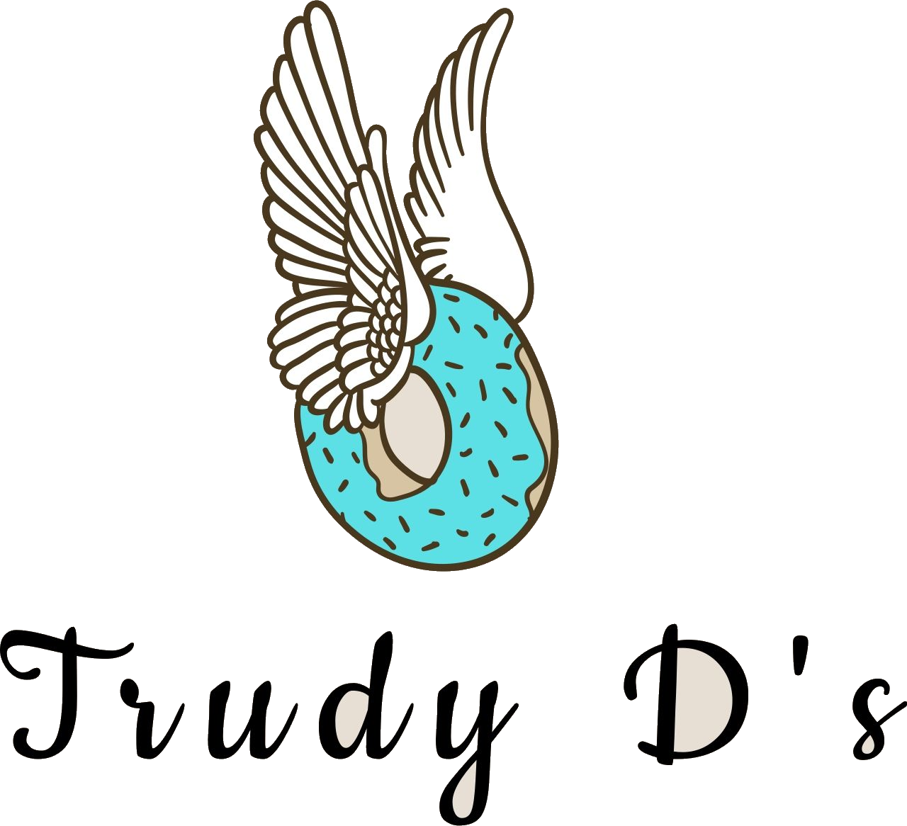 Trudy D's bakery logo — a turquoise donut with angel wings